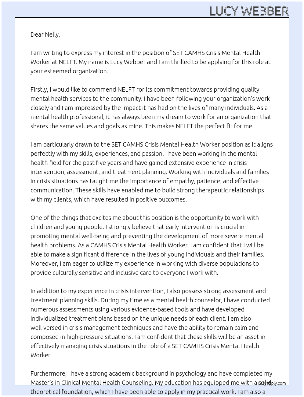 SET CAMHS Crisis Mental Health Worker At NELFT Cover Letter