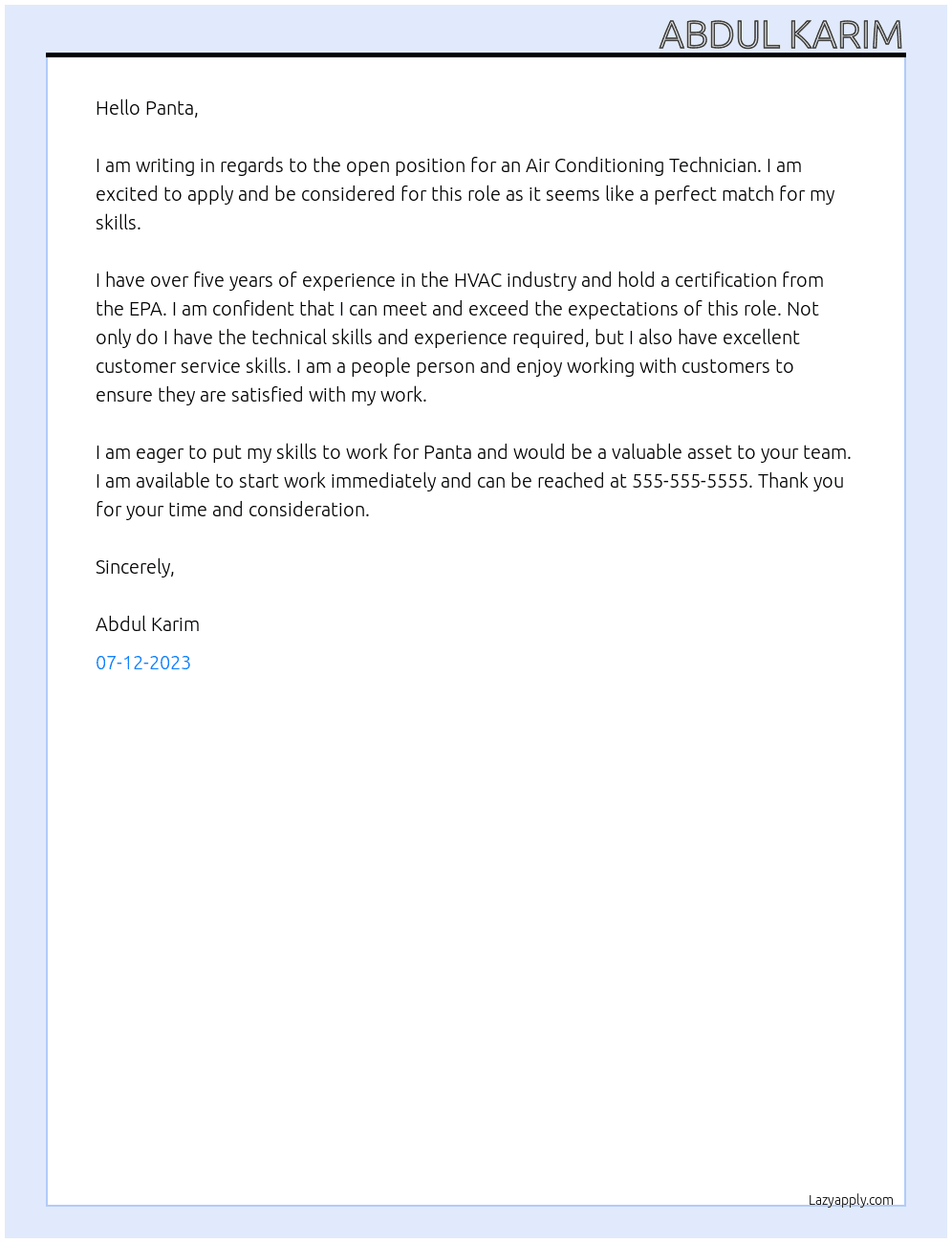 Air conditioning technician  At Panta Cover Letter