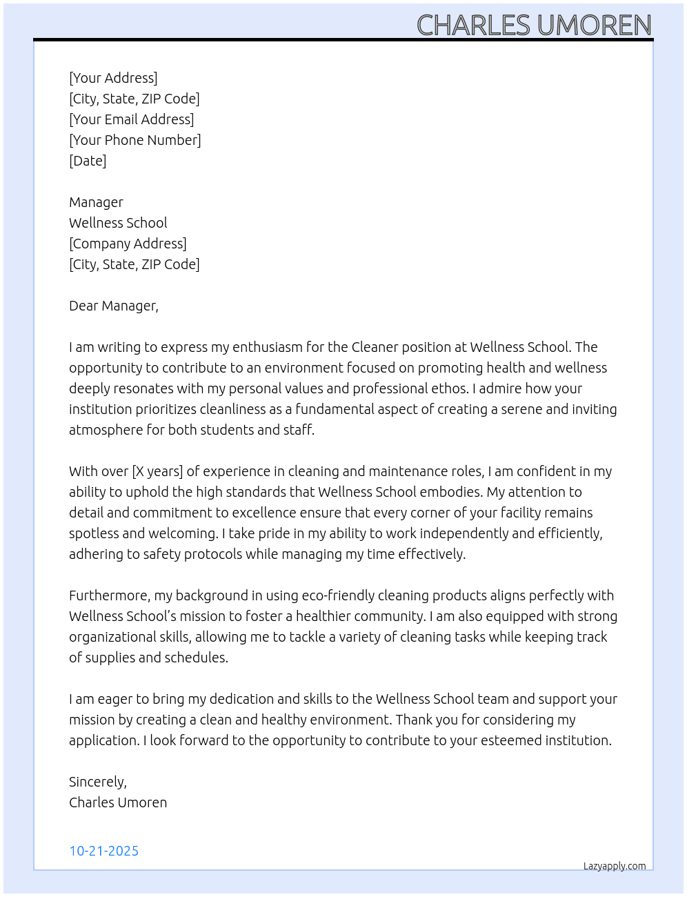Cleaner At Wellness school Cover Letter
