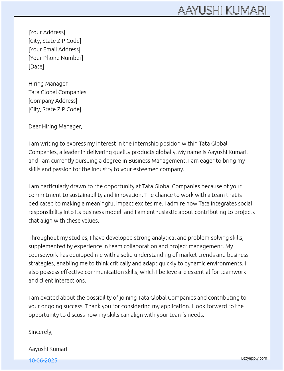 intership At Tata Global Companies  Cover Letter