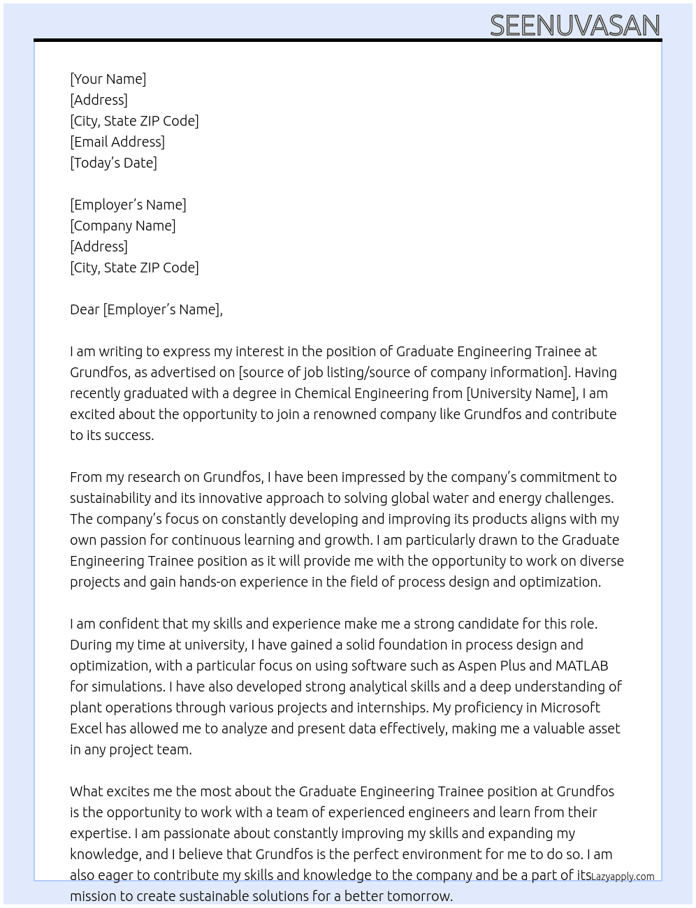 Graduate engineering trainee  At Grundfos  Cover Letter
