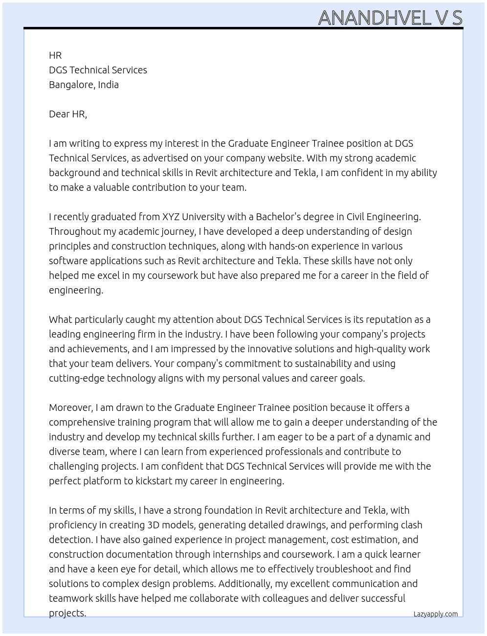 Graduate engineer trainee At DGS technical services  Cover Letter