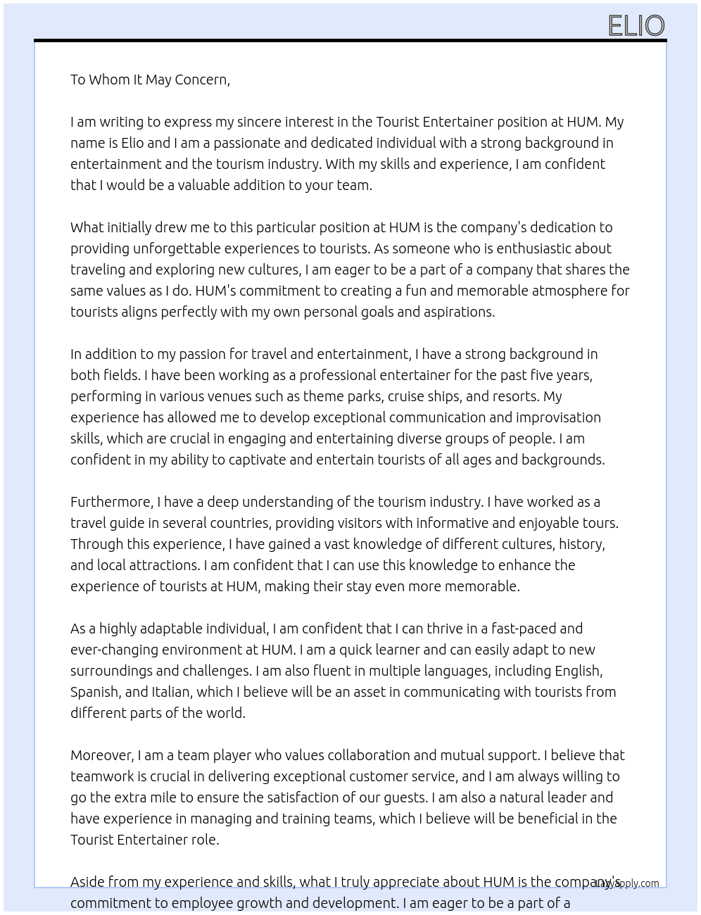 tourist entertainer At hum Cover Letter