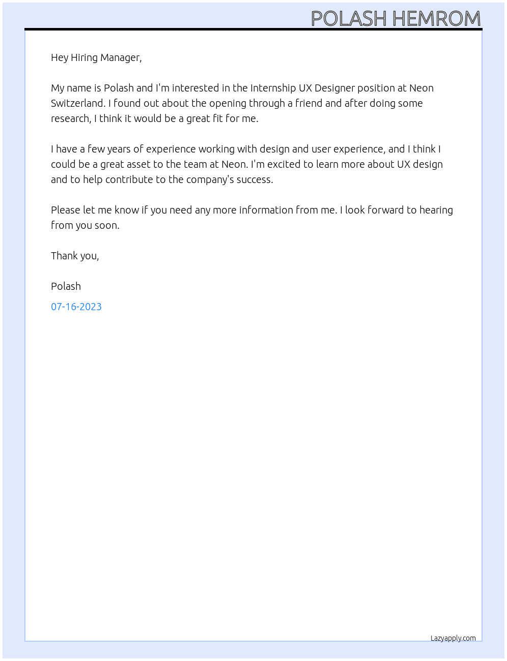 Internship UX Designer At neon Switzerland Cover Letter
