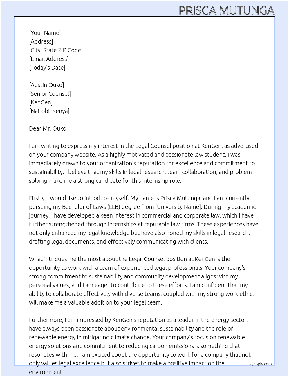 legal counsel At KenGen Cover Letter