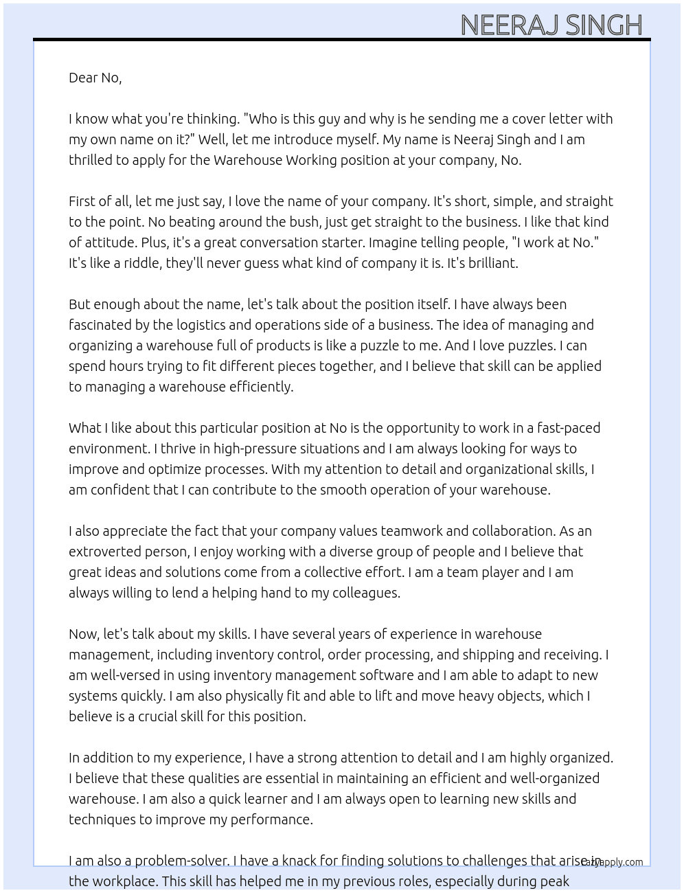Cover letter for warehouse working - LazyApply