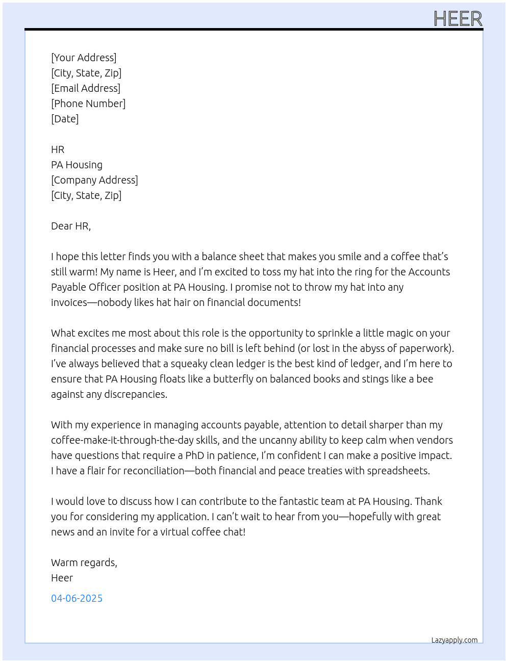 Accounts Payable  Officer At PA Housing Cover Letter