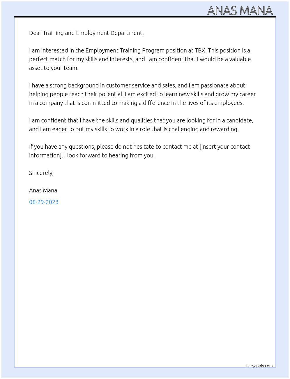 Employment Training Program At TBX Cover Letter