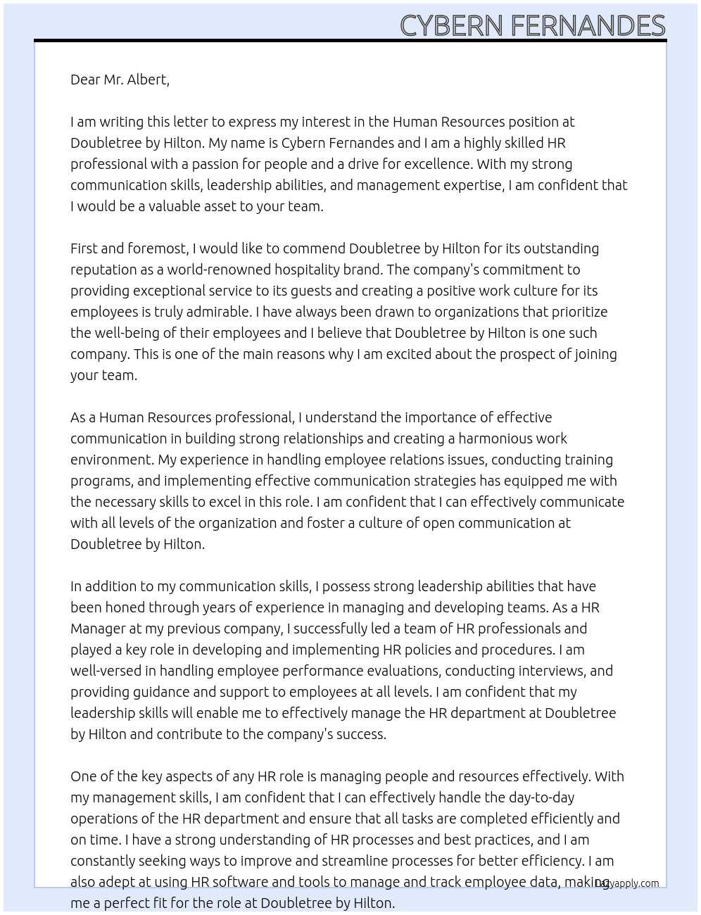 Human Resources At Doubletree by Hilton  Cover Letter