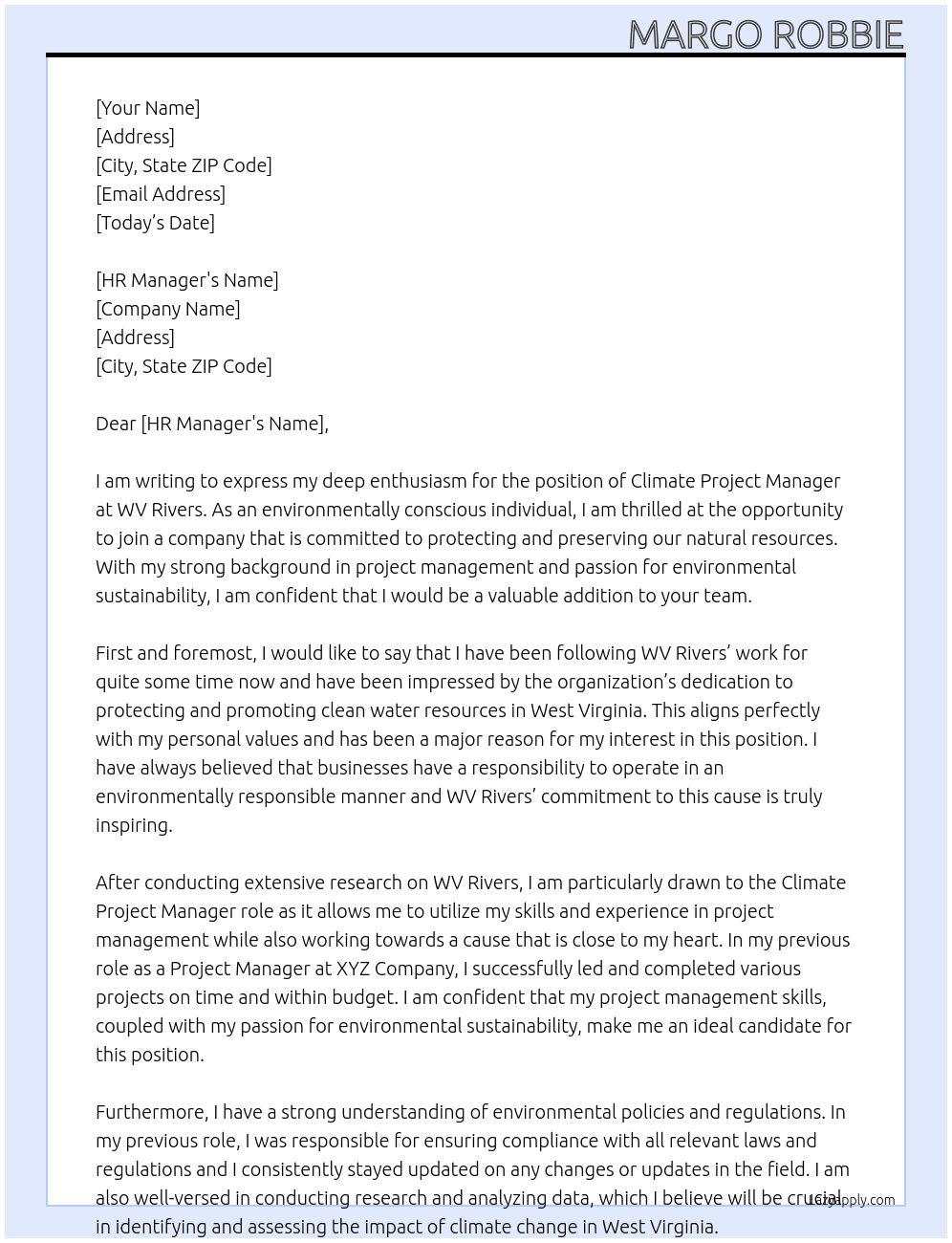 Climate Project Manager At WV Rivers Cover Letter