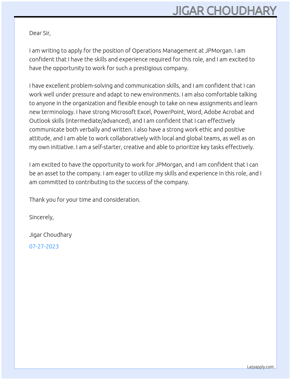 Operations Management At JPMorgan  Cover Letter