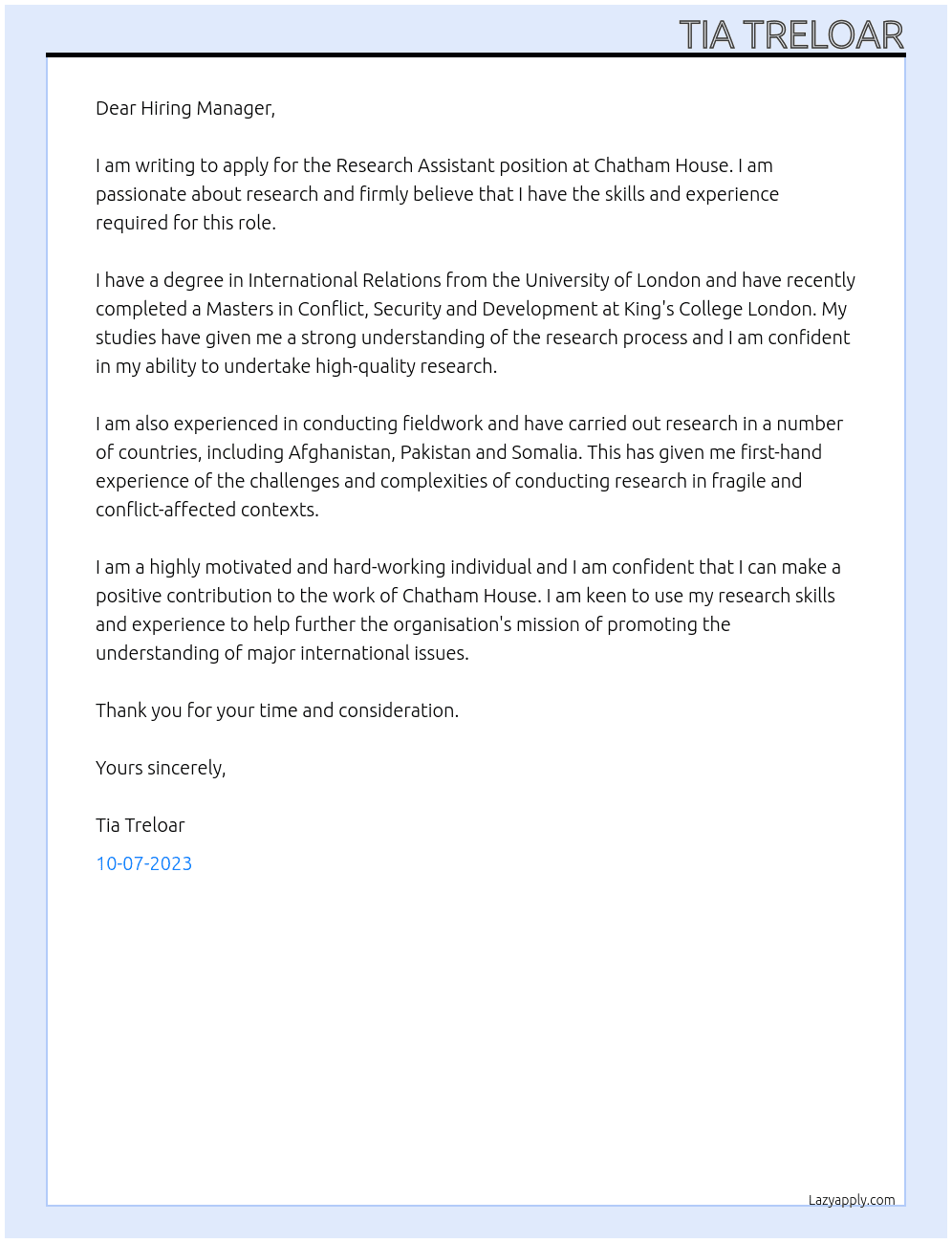 Research Assistant At Chatham House Cover Letter