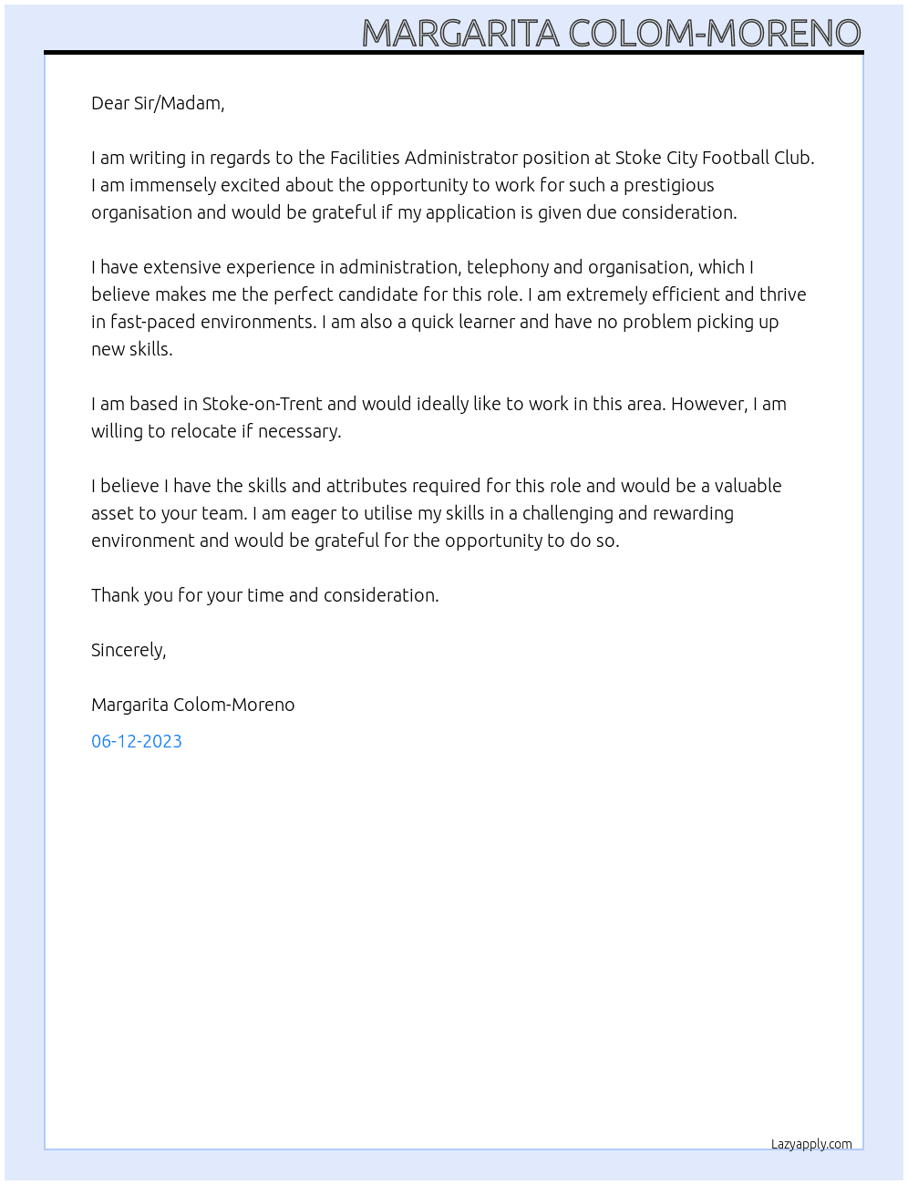 Facilities Administrator At Stoke City Football Club Cover Letter