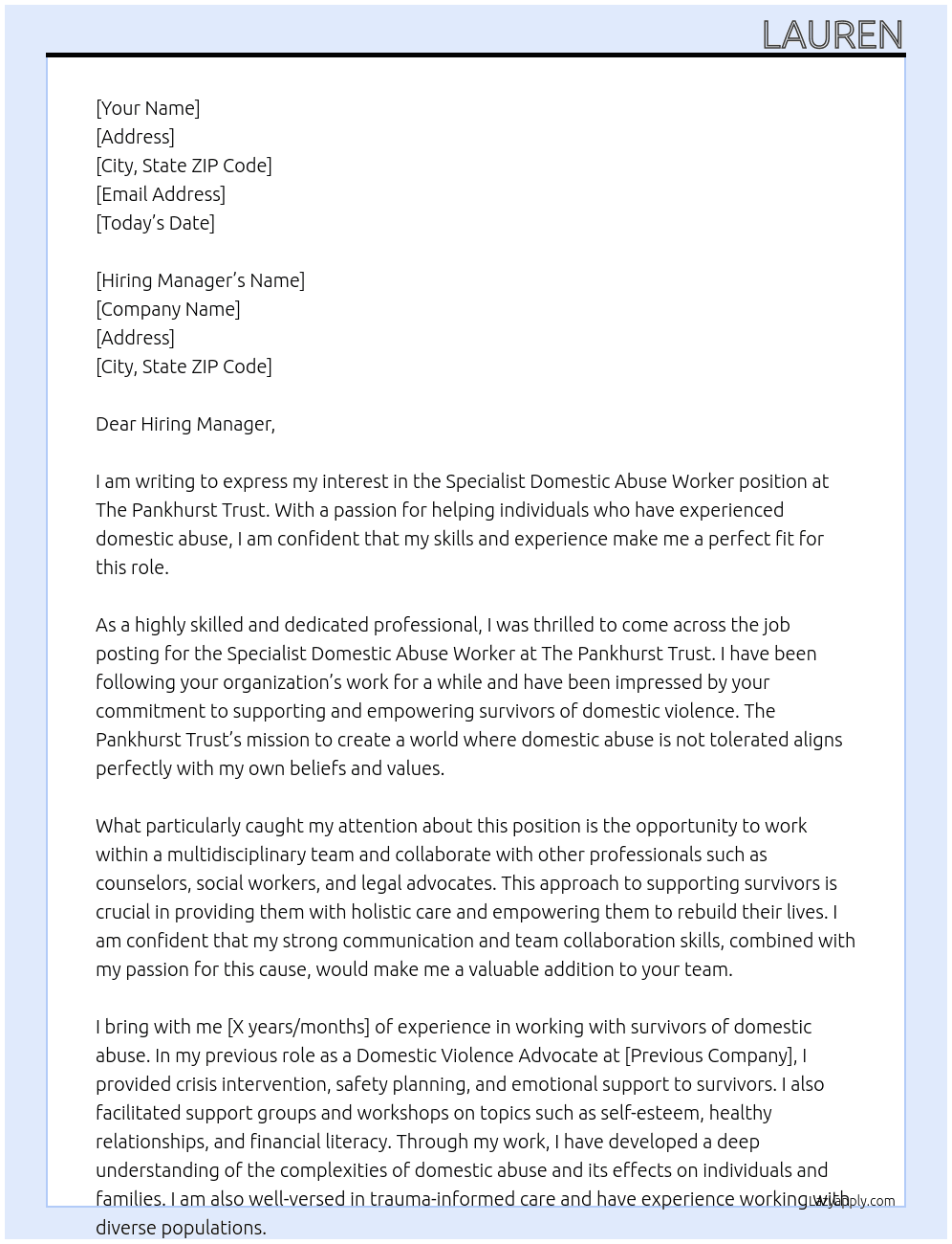 Specialist Domestic Abuse Worker At The Pankhurst Trust Cover Letter