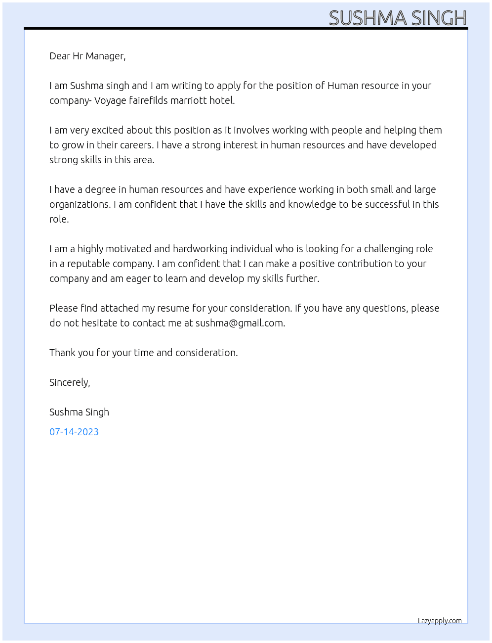 Human resource At Voyage fairefilds marriott hotel Cover Letter