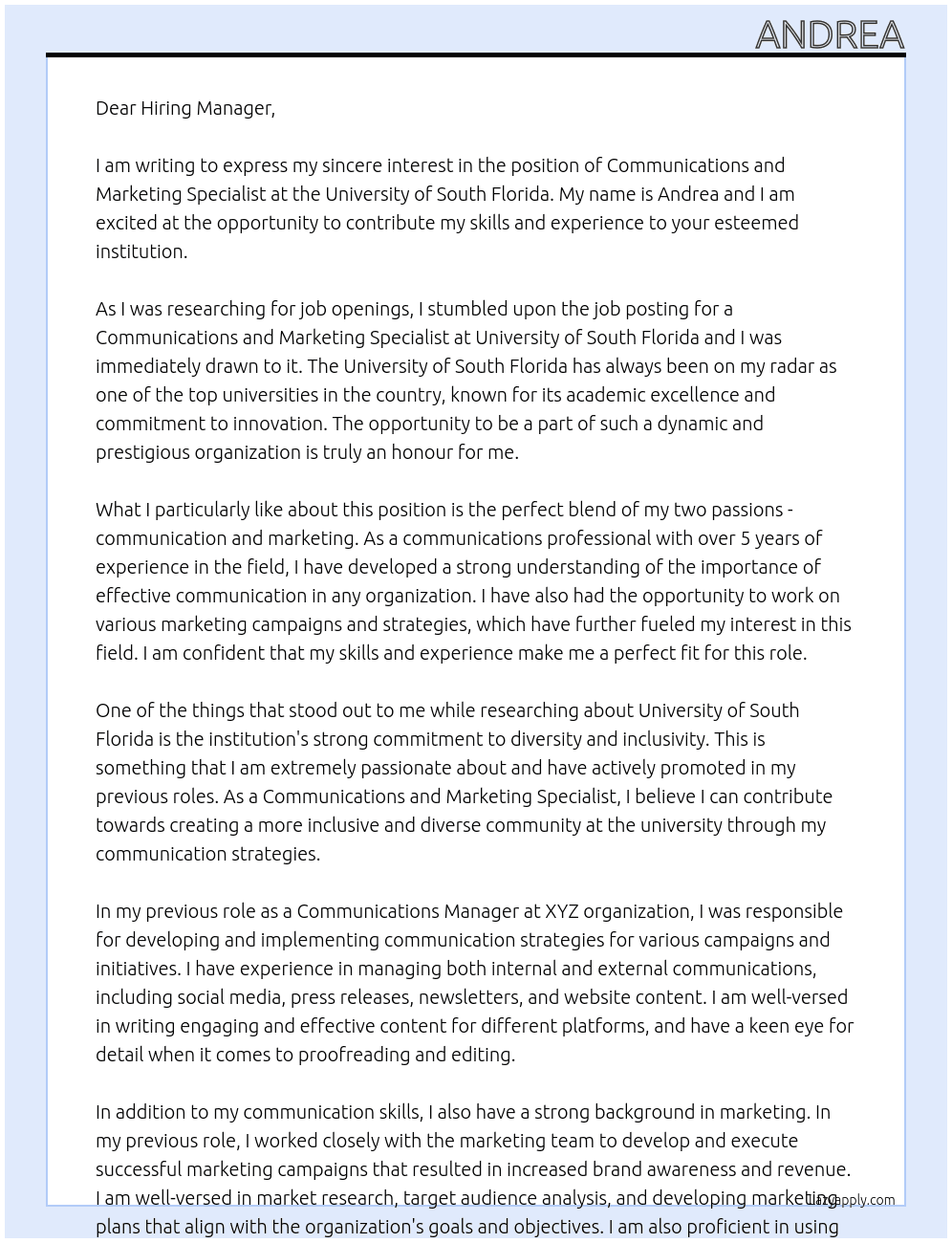 Communications and Marketing Specialist At University of South Florida Cover Letter