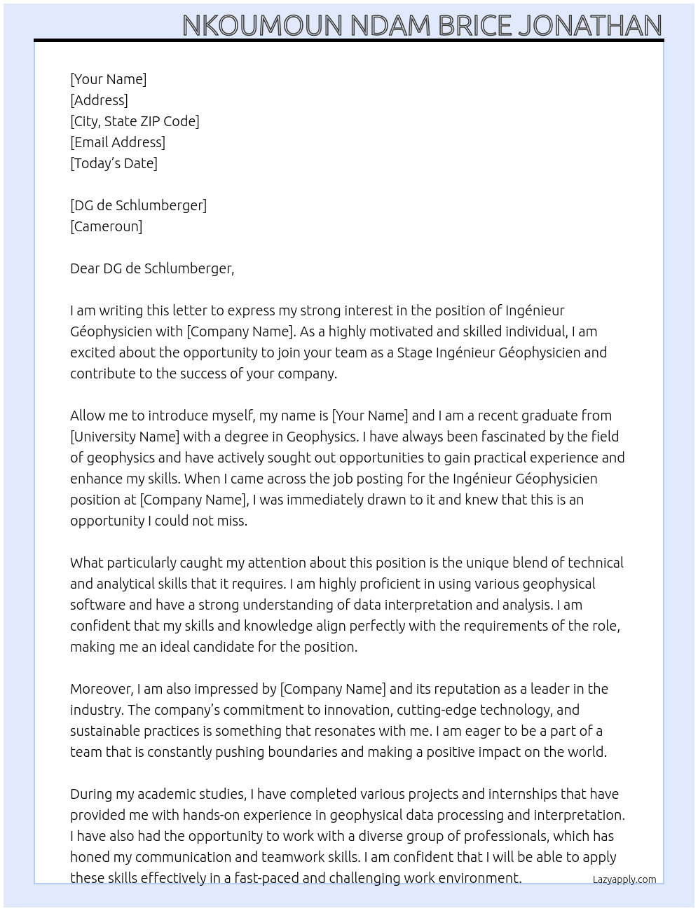 Ingénieur Géophysicien  At Ingénieur Géophysicien stagiaire  Cover Letter