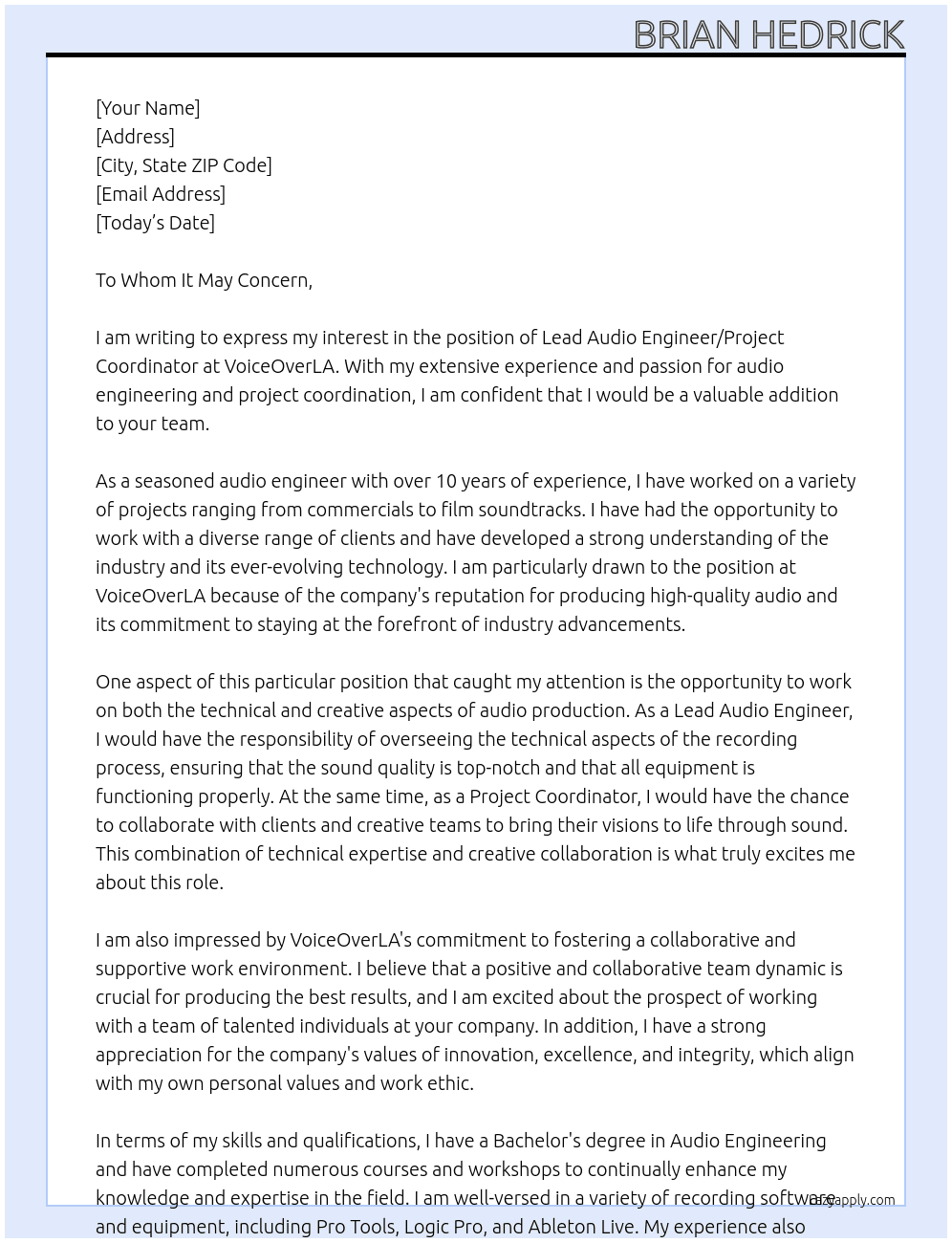 Lead Audio Engineer/Project Coordinator At VoiceOverLA Cover Letter