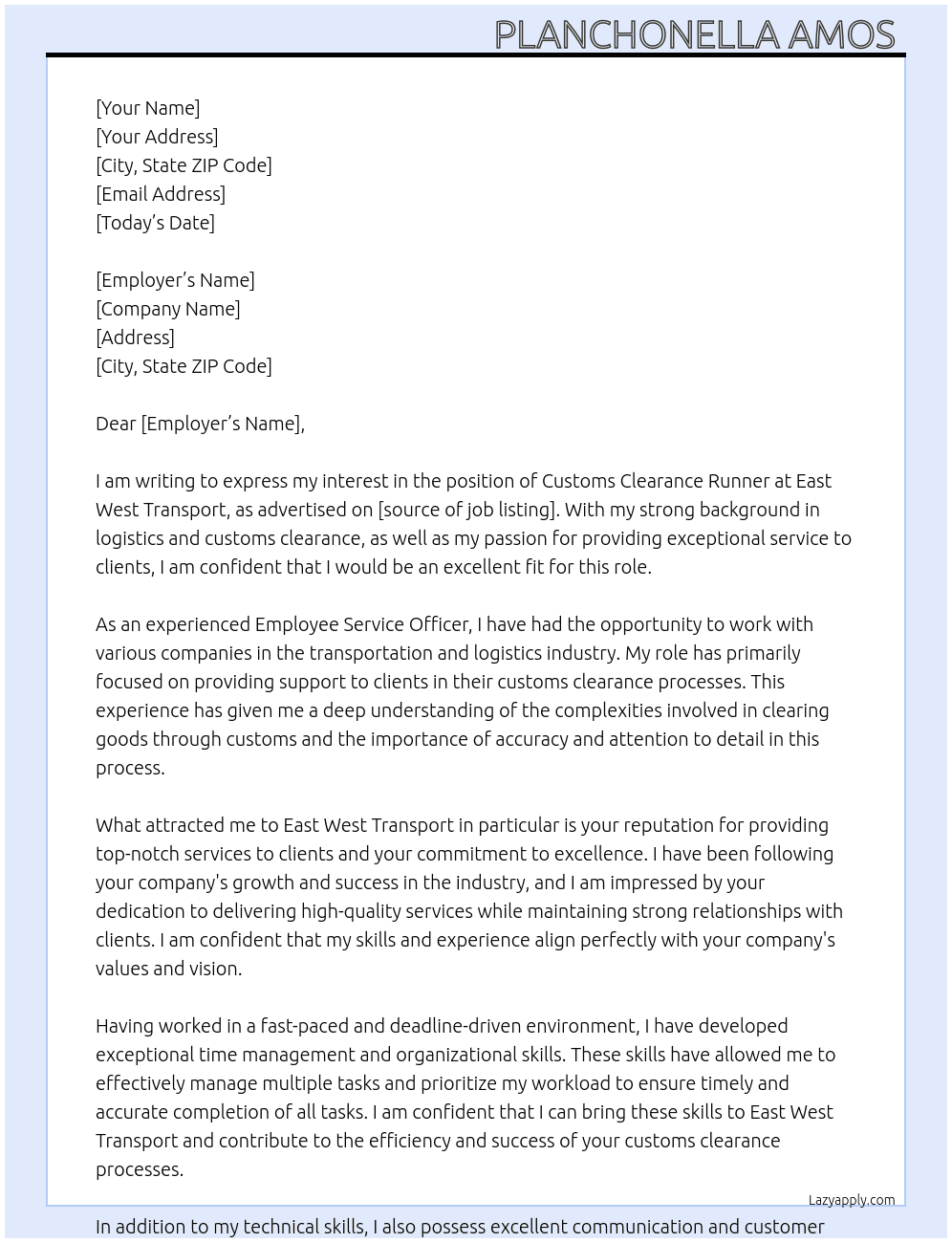 Customs Clearance Runner  At East West Transport Cover Letter