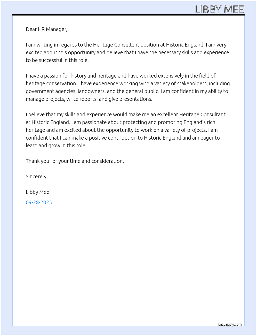 Heritage Consultant  At Historic England  Cover Letter