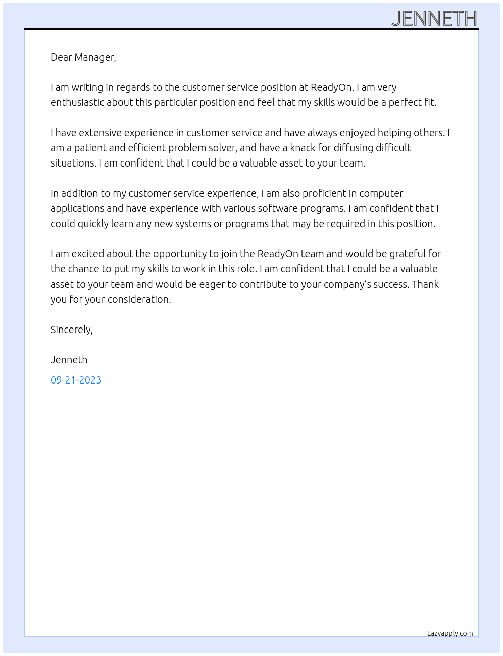 customer service At ReadyOn Cover Letter