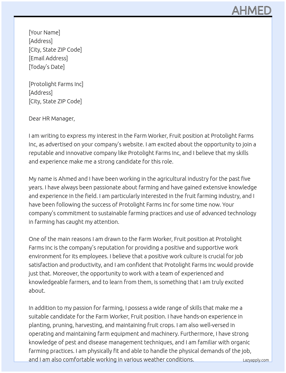 farm worker, fruit At Protolight Farms Inc Cover Letter