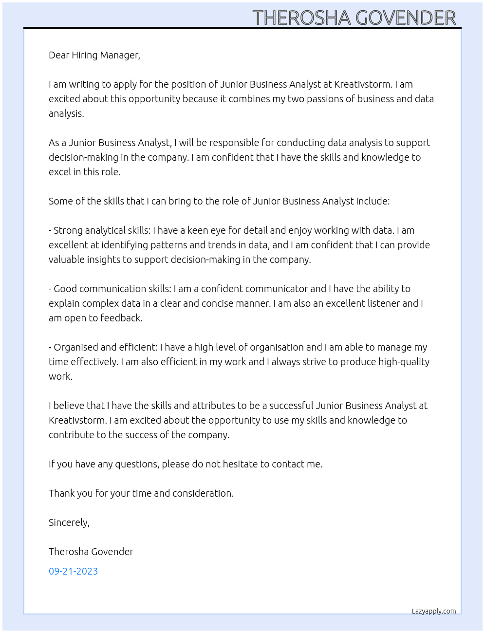 junior business analyst  At kreativstorm  Cover Letter