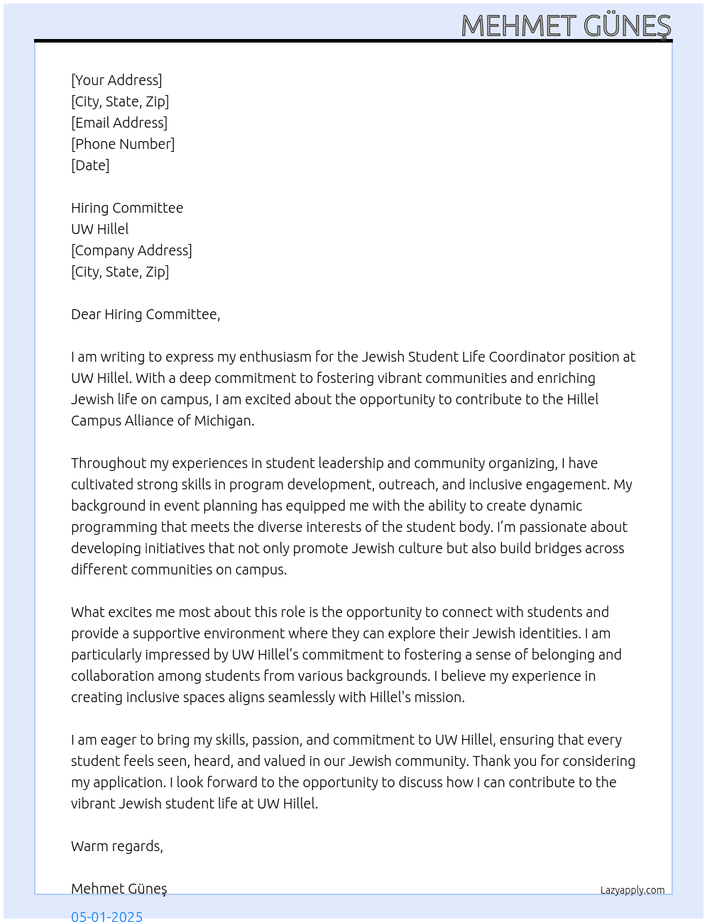 Jewish Student Life Coordinator at Hillel Campus Alliance of Michigan At UW Hillel Cover Letter