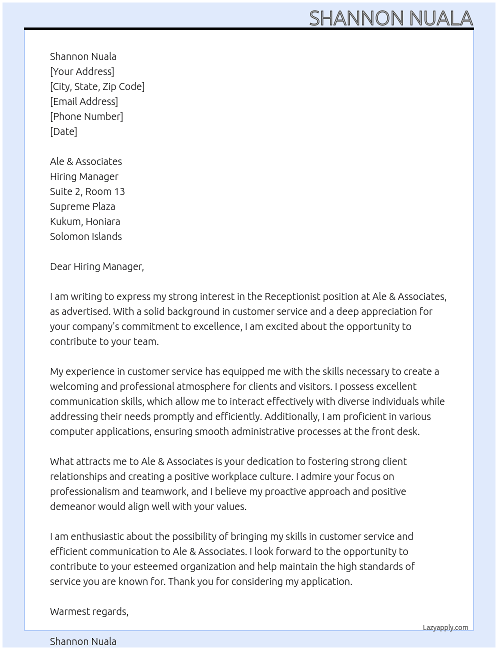 Receptionist  At Ale & Associates  Cover Letter