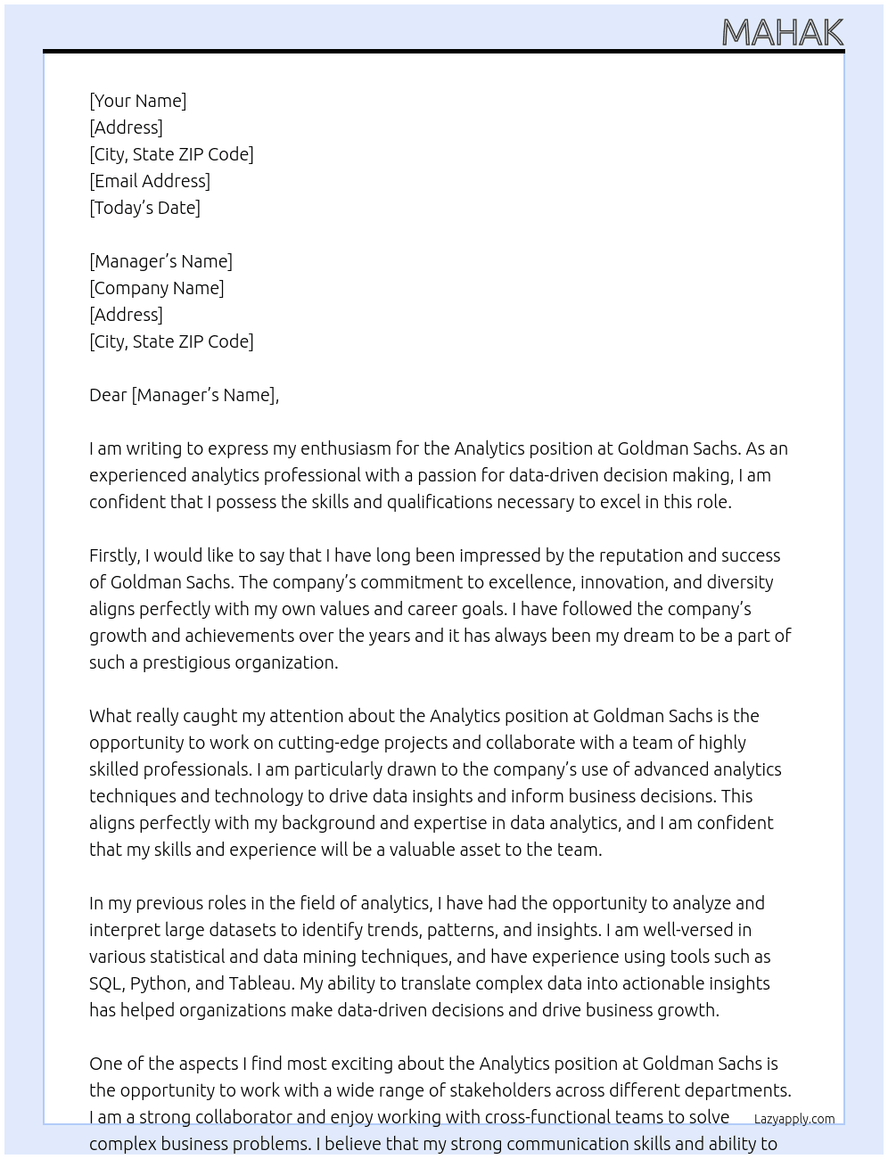 analytics  At Goldman Sachs Cover Letter