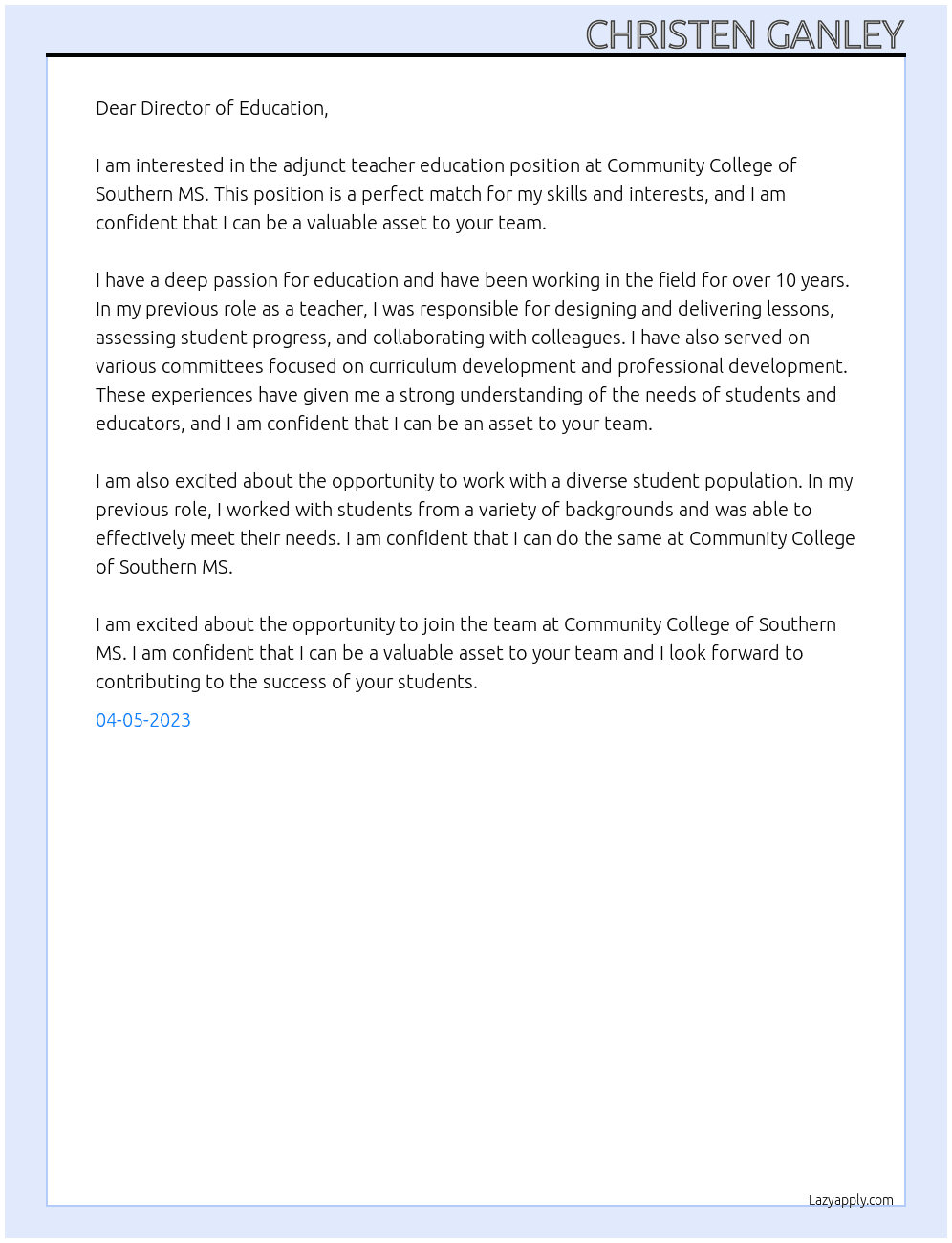 Adjunct Teacher Education At Community College of Southern MS Cover Letter