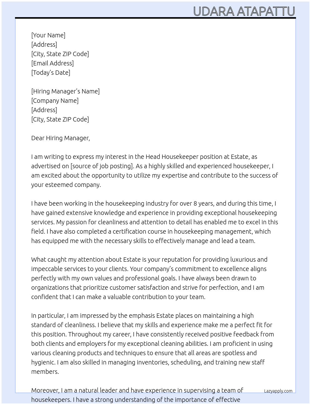 Head Housekeeper At Estate Cover Letter