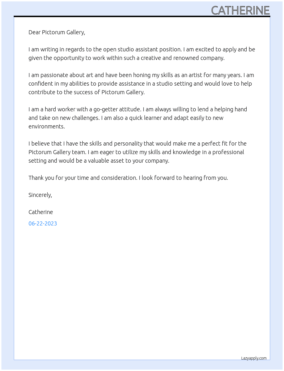 Studio Assistant At Pictorum Gallery Cover Letter