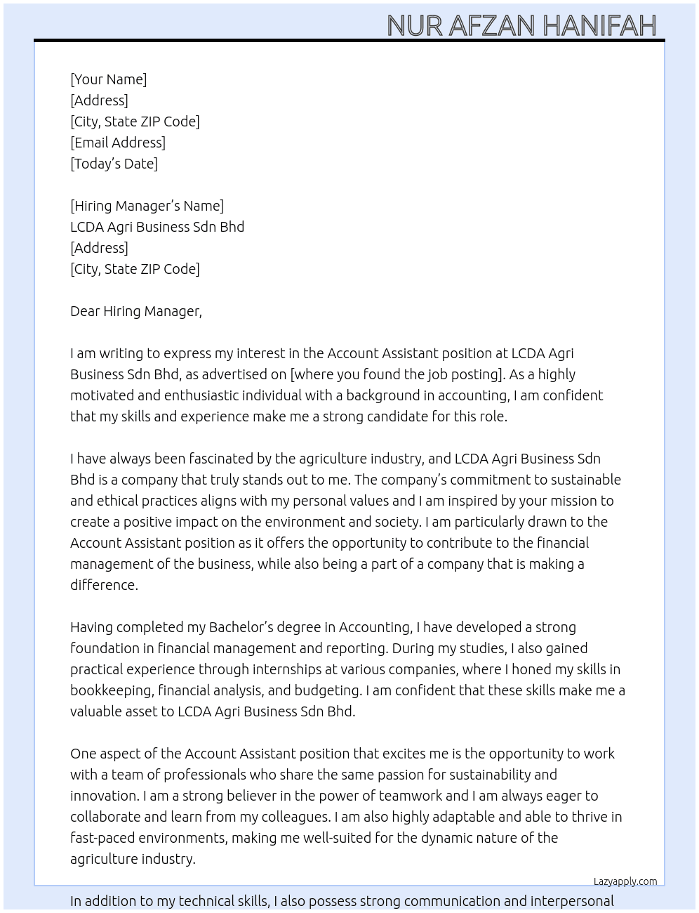 Account Assistant  At LCDA Agri Business Sdn Bhd  Cover Letter