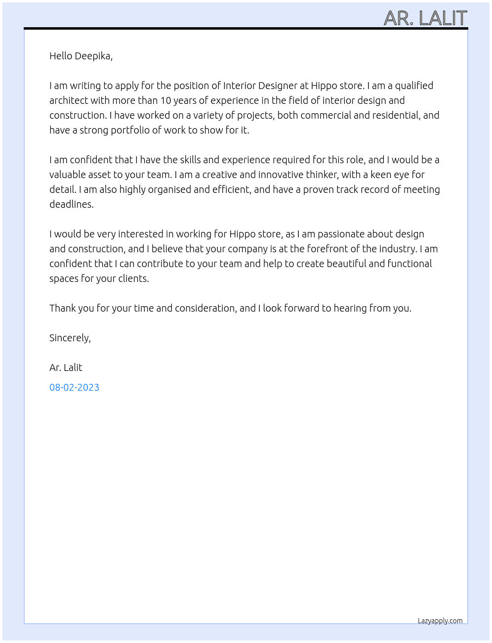 Interior designer At Hippo store Cover Letter