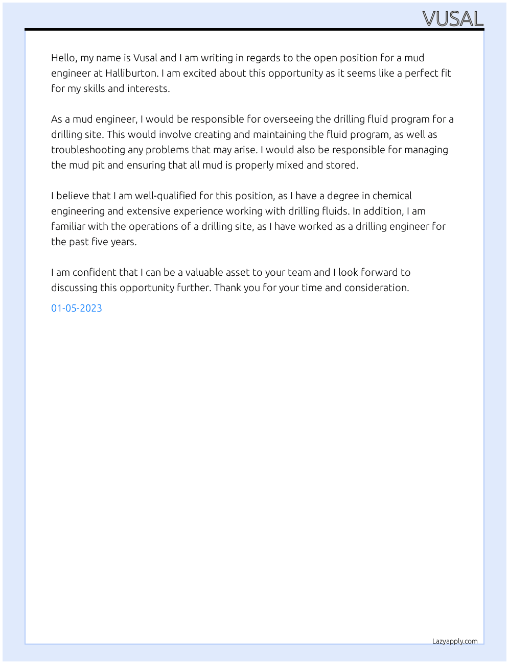 Mud engineer At Halliburton Cover Letter