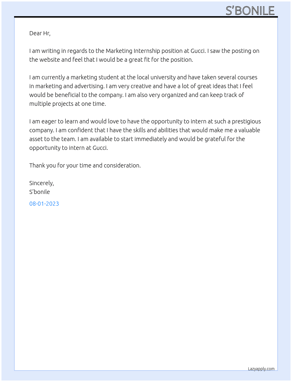 Marketing Internship  At Gucci Cover Letter