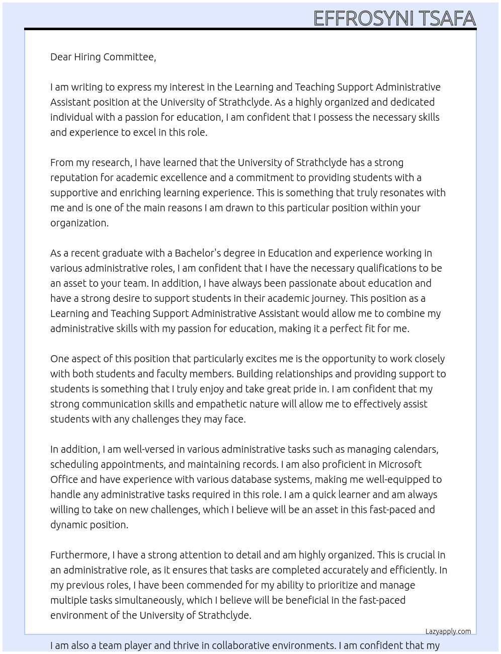 Learning and Teaching Support Administrative Assistant  At Univesity of Strathclyde Cover Letter
