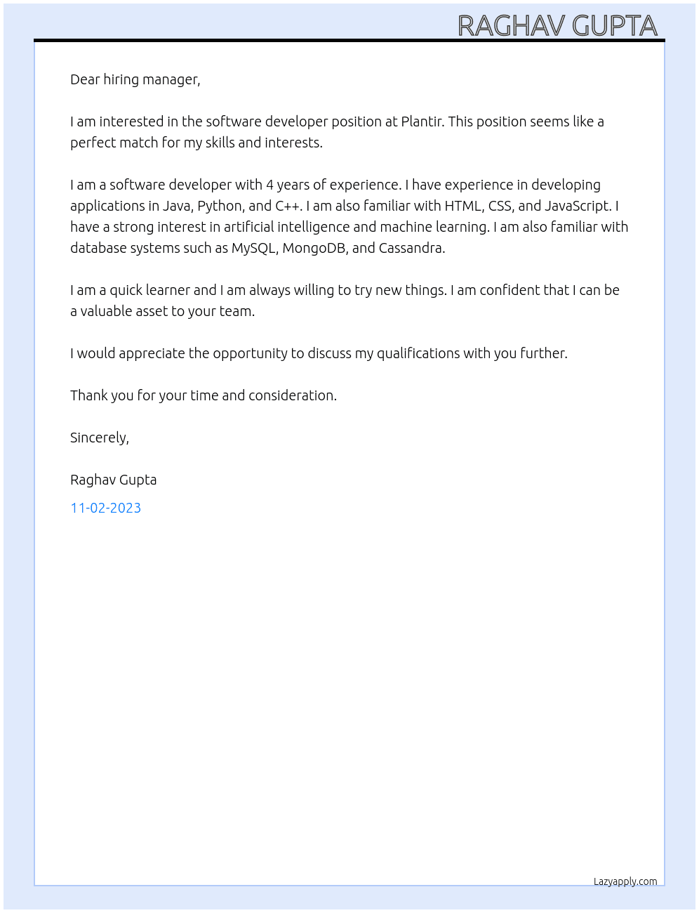 Software Developer At plantir Cover Letter