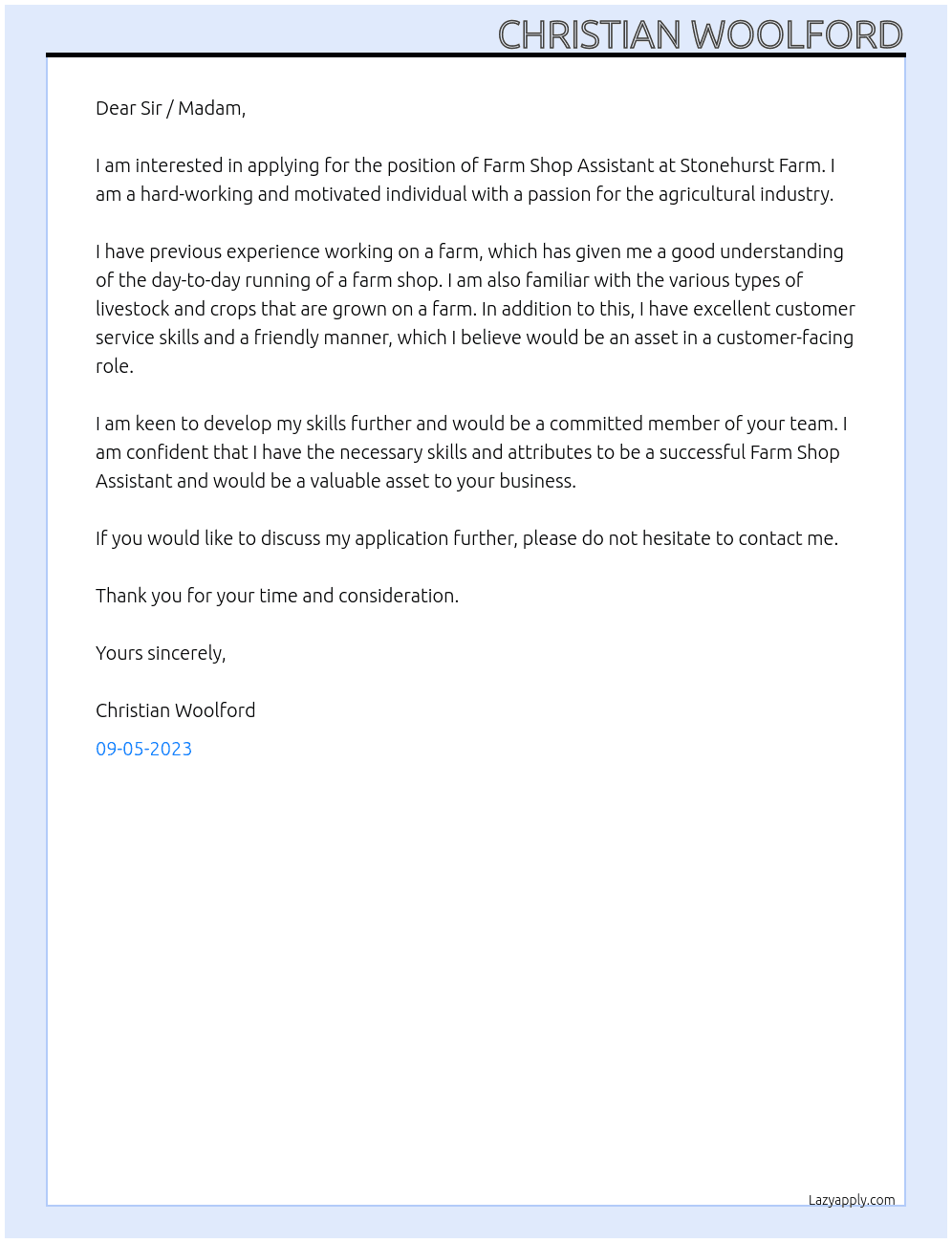 Farm Shop Assistant At Stonehurst Farm Cover Letter