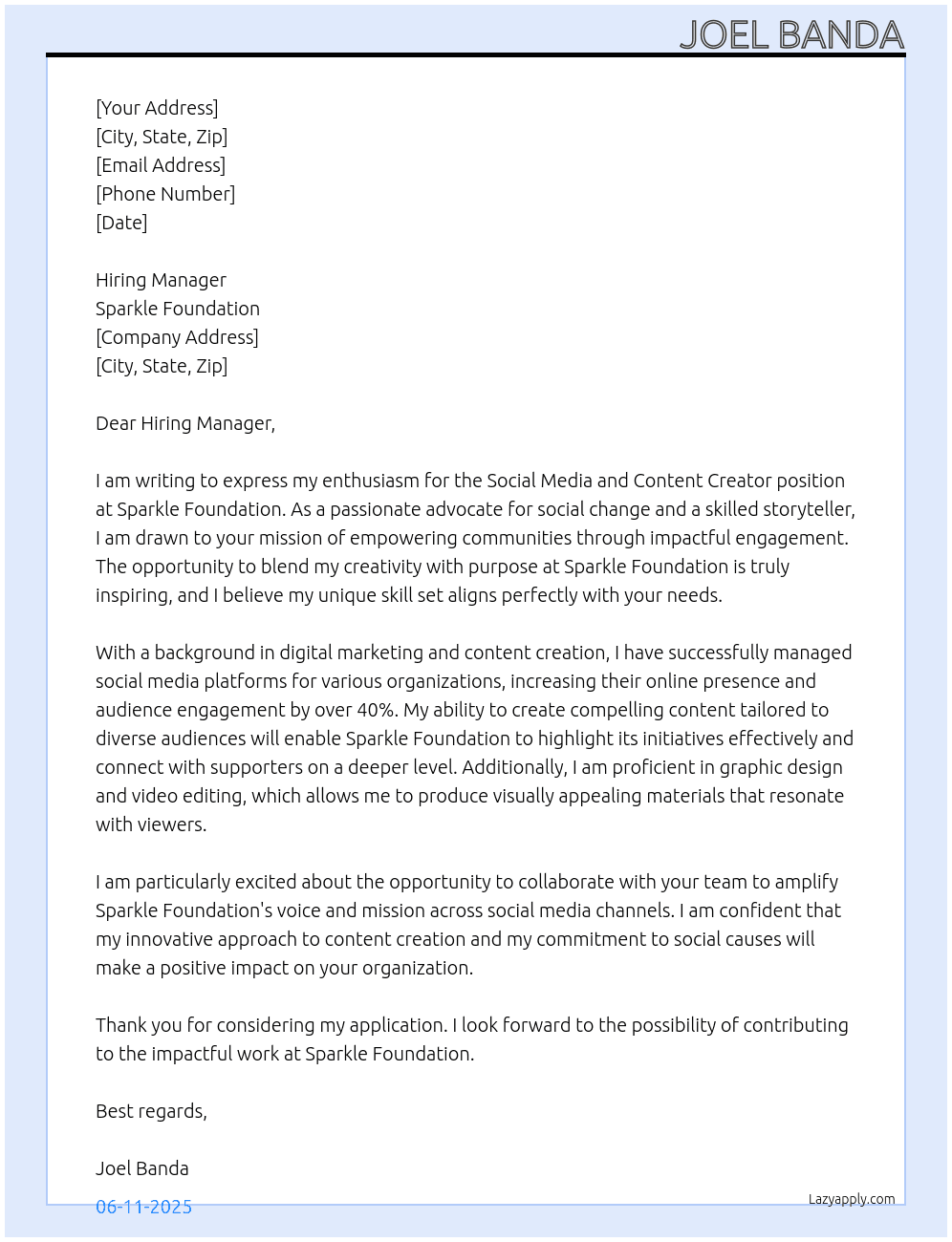 Cover letter for social media and content creator - LazyApply