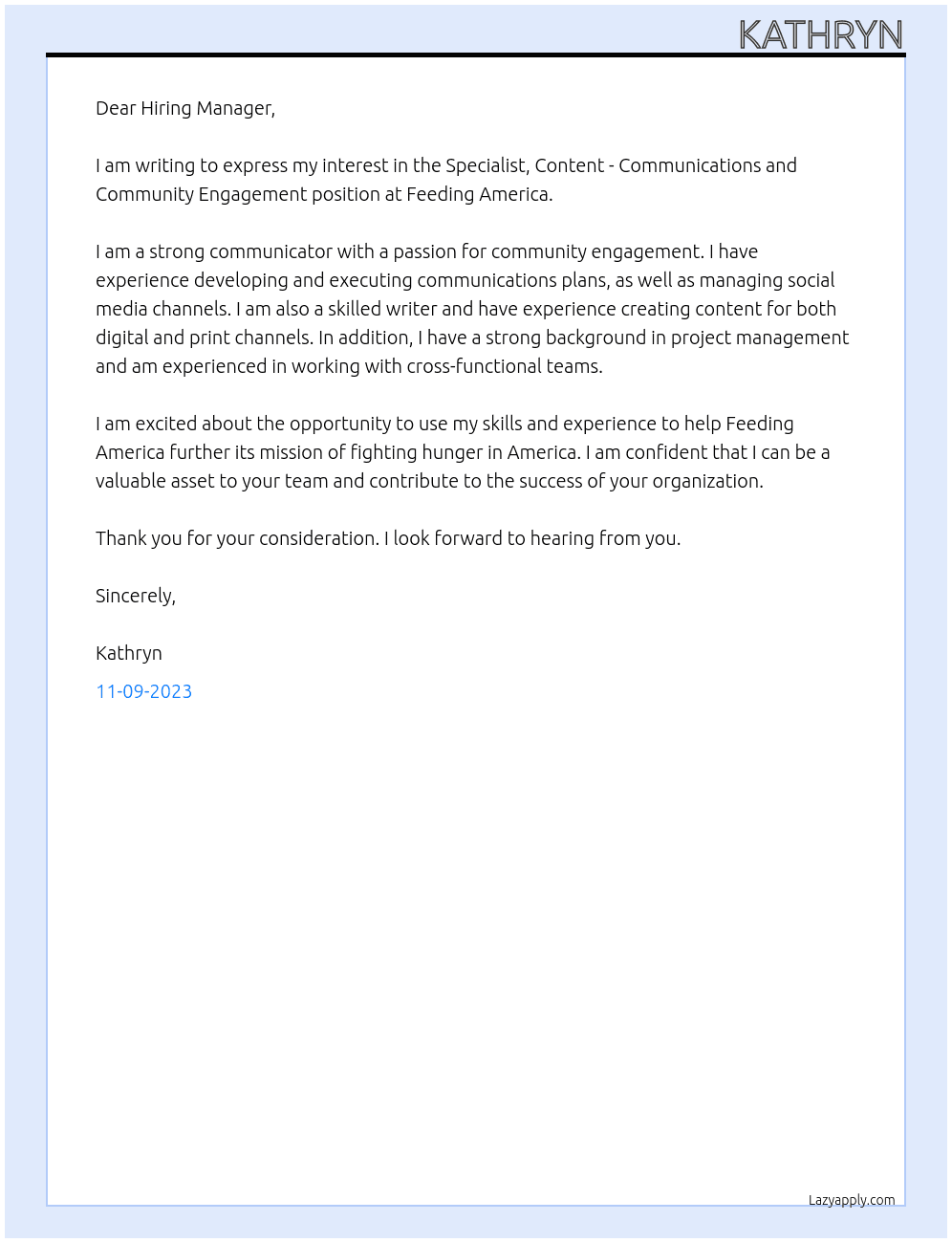 Specialist, Content - Communications and Community Engagement At Feeding America Cover Letter