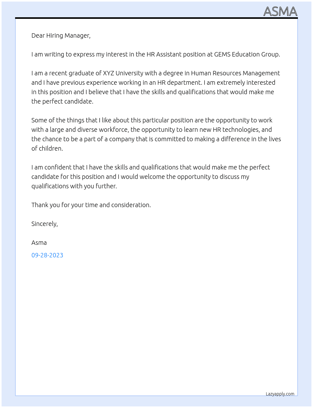 HR Assistant At GEMS Education Group Cover Letter