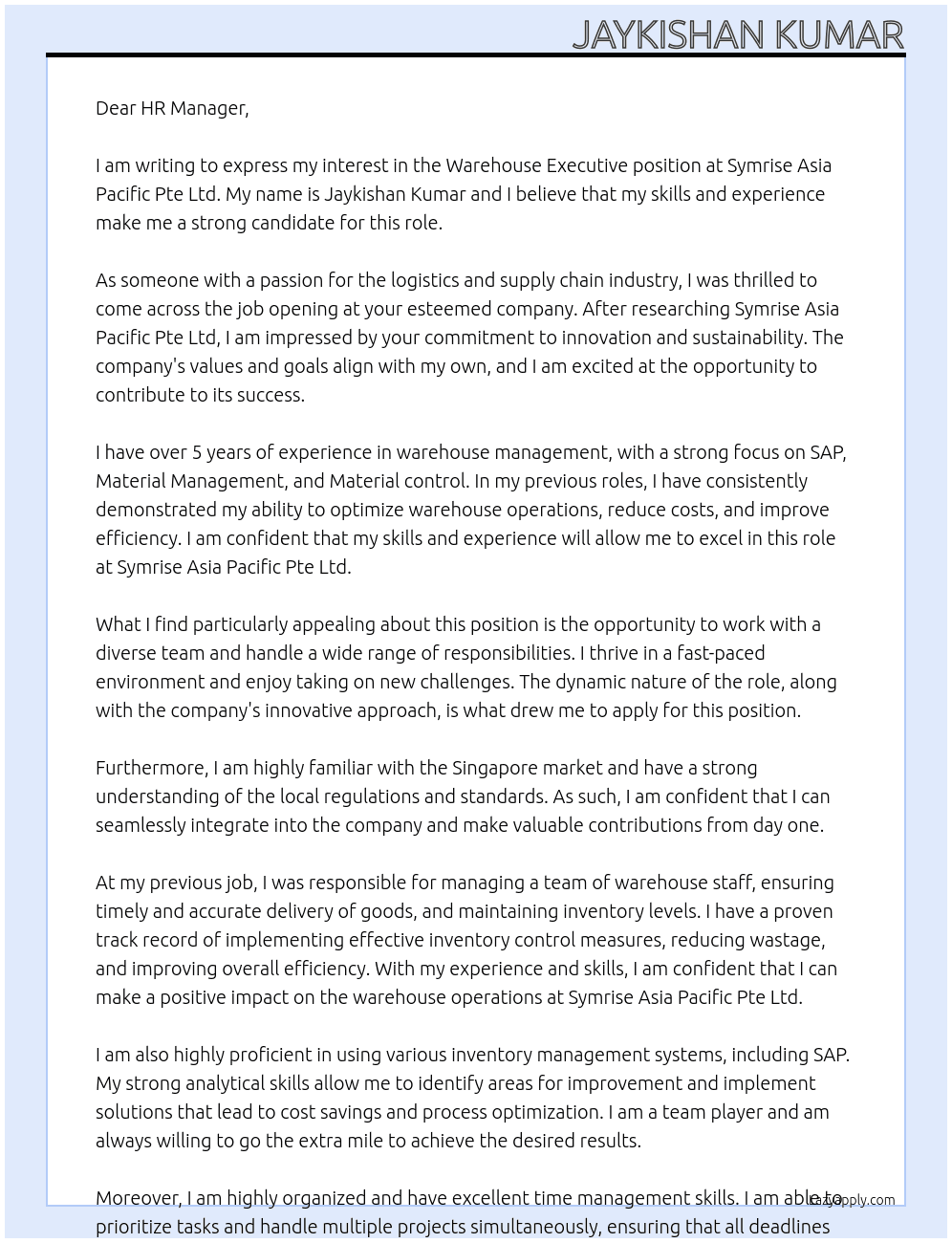 Warehouse Execitive  At Symrise Asia Pacific Pte Ltd Cover Letter