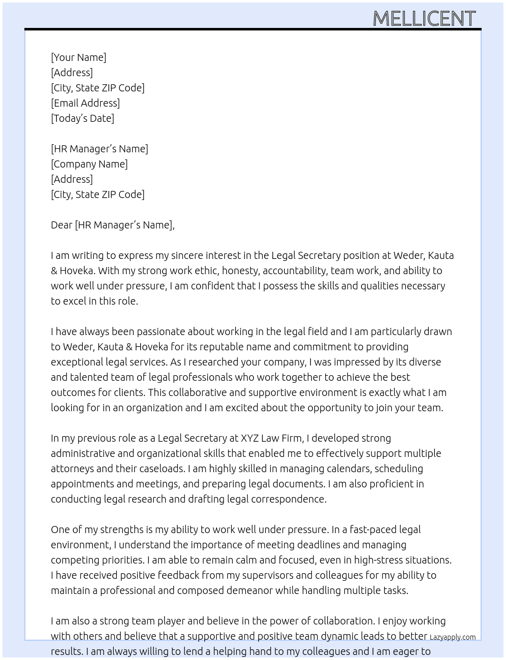 Legal secretary  At Weder , Kauta & Hoveka  Cover Letter