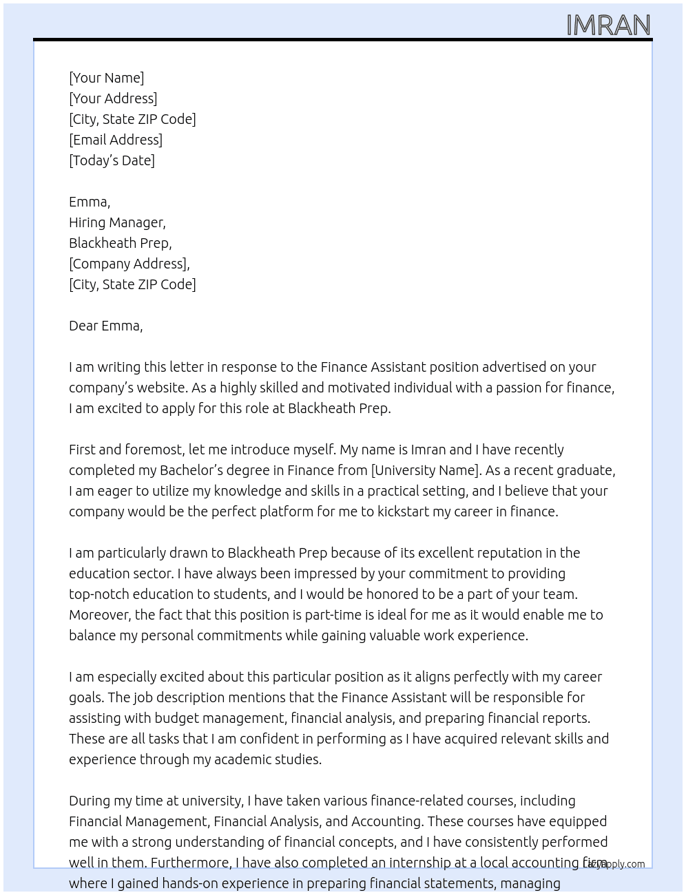 Finance Assistant At Blackheath Prep Cover Letter