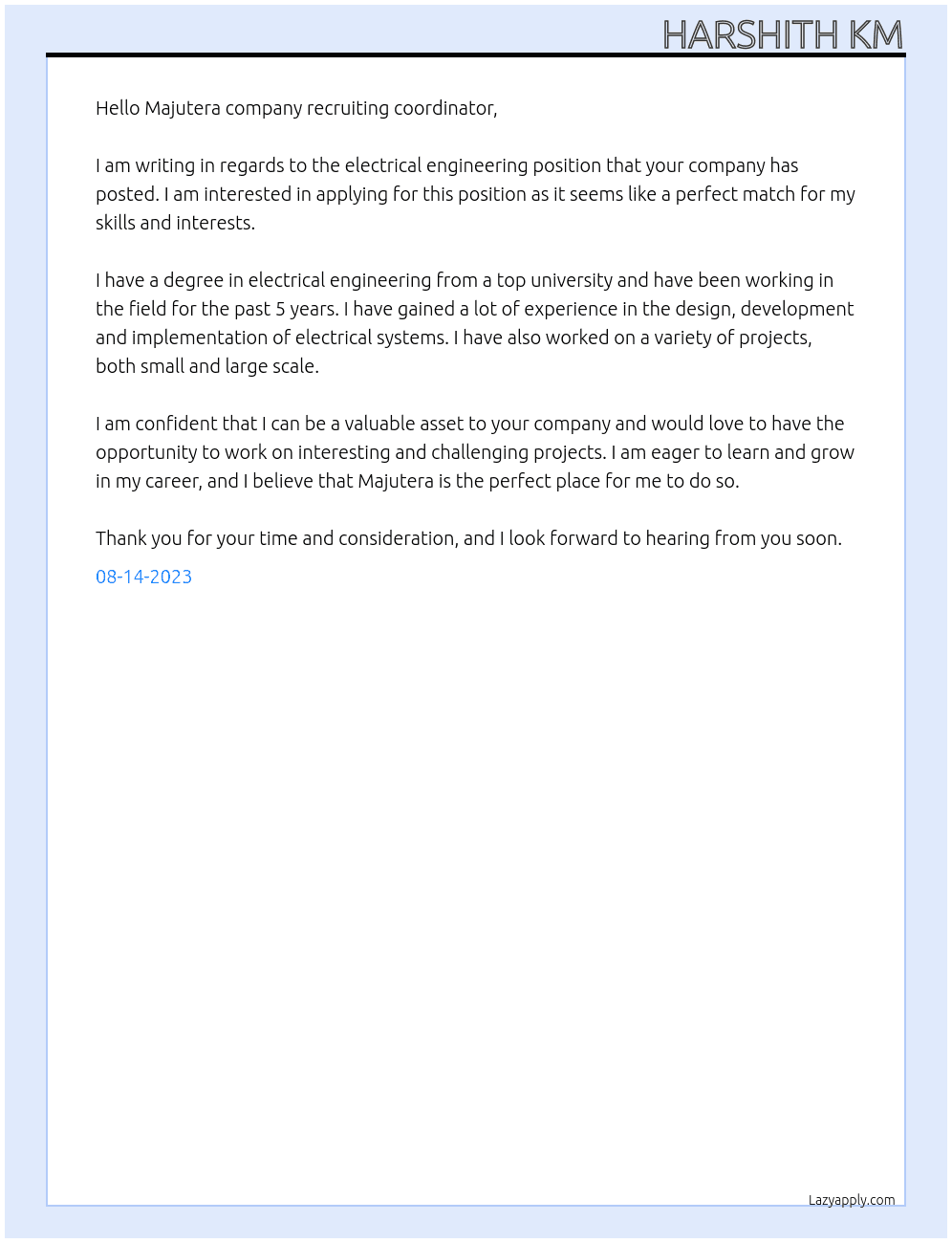 Electrical engineering  At Majutera Cover Letter