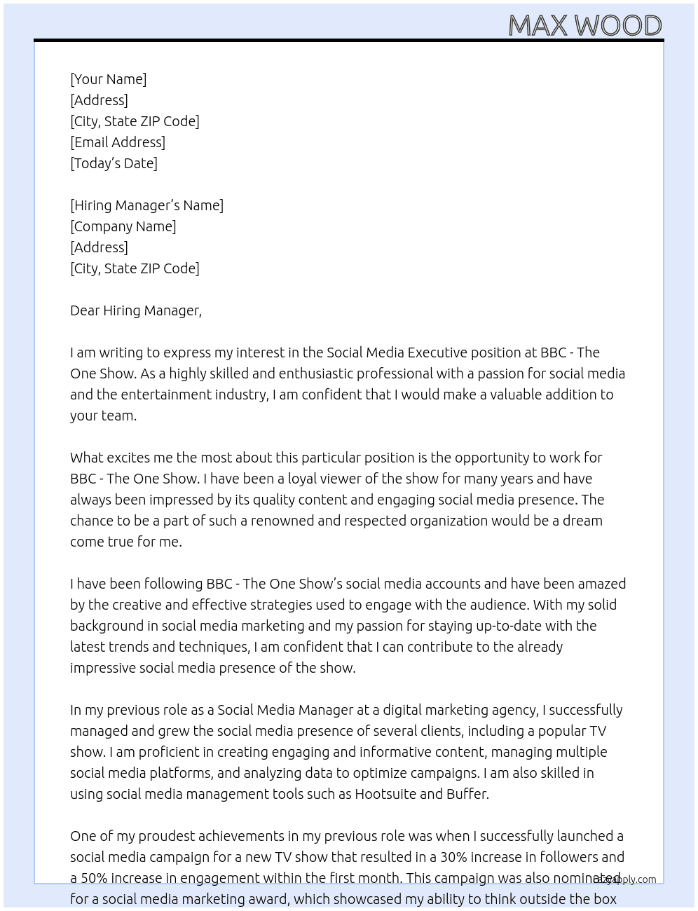 Social Media Executive At BBC - The One Show Cover Letter