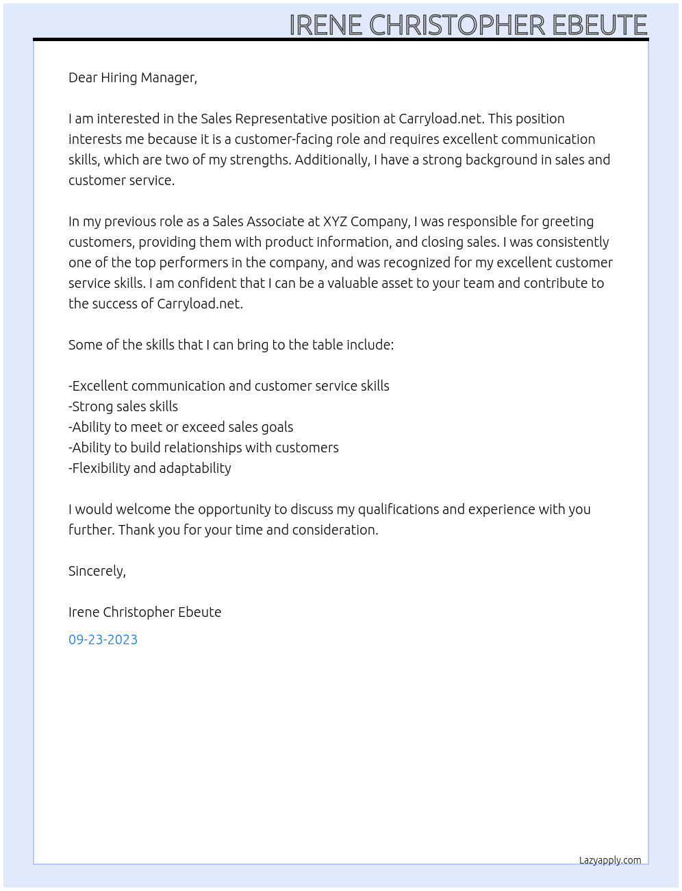 Sales Representative  At Carryload.net Cover Letter