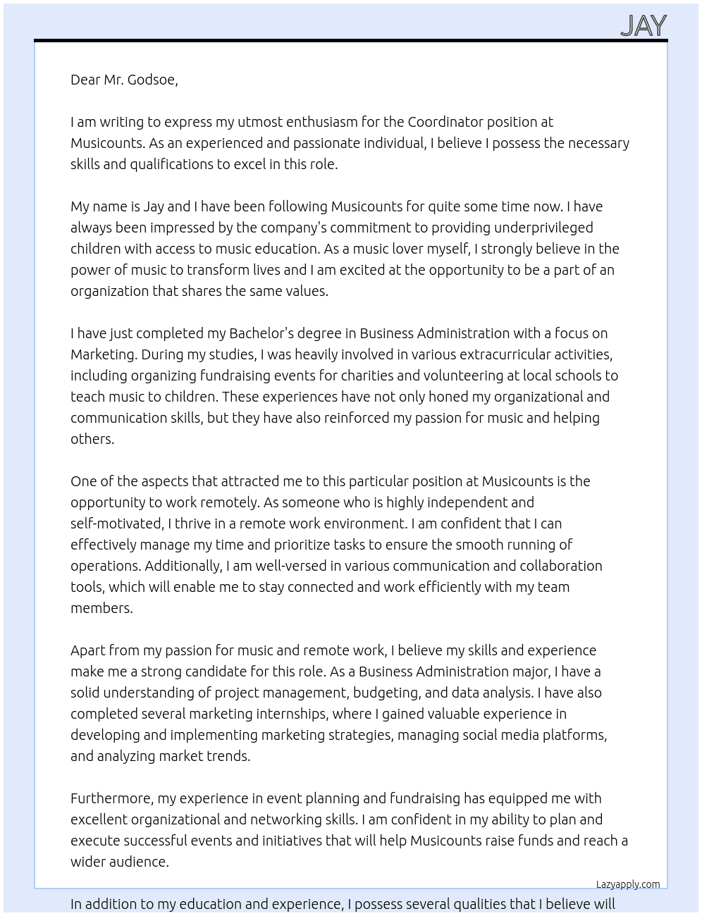 Coordinator At Musicounts Cover Letter